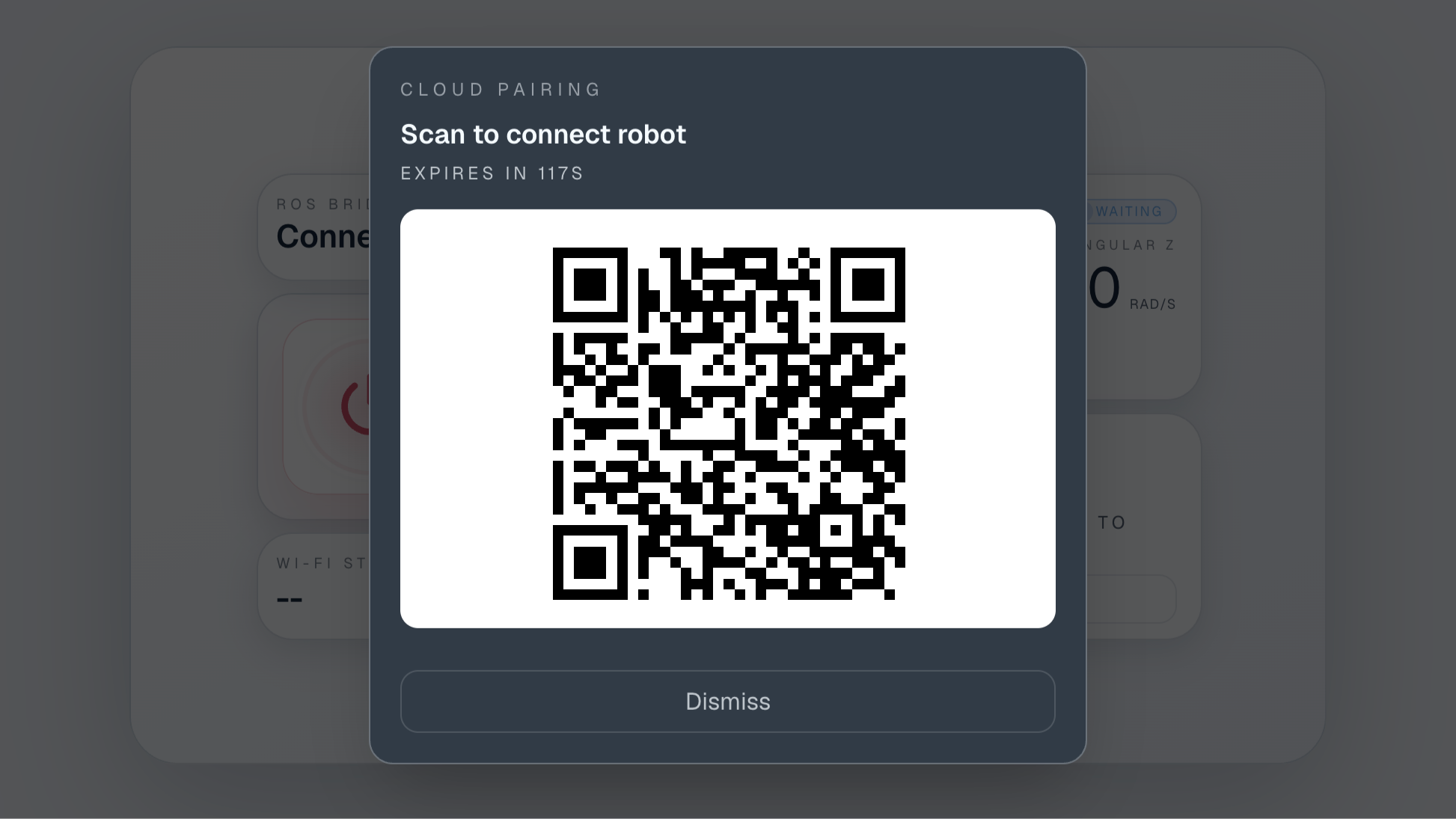 The nr-screen Cloud Pairing popup showing the QR scan area and expiry countdown.