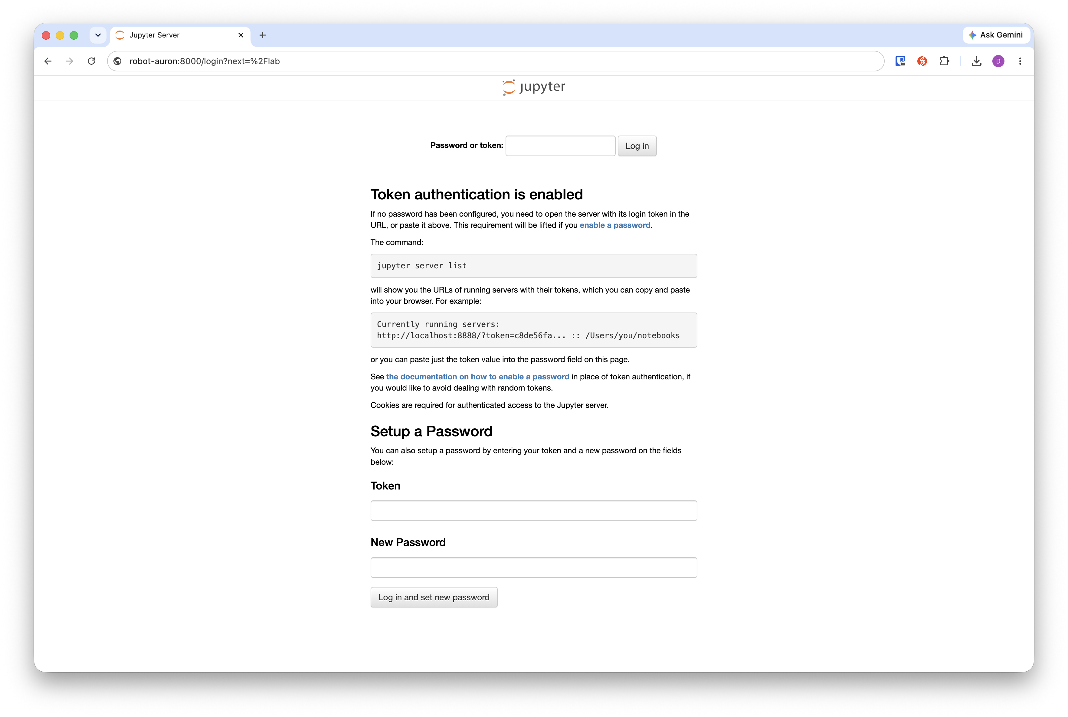 Jupyter Server login page at robot.local:8000 asking for a token.
