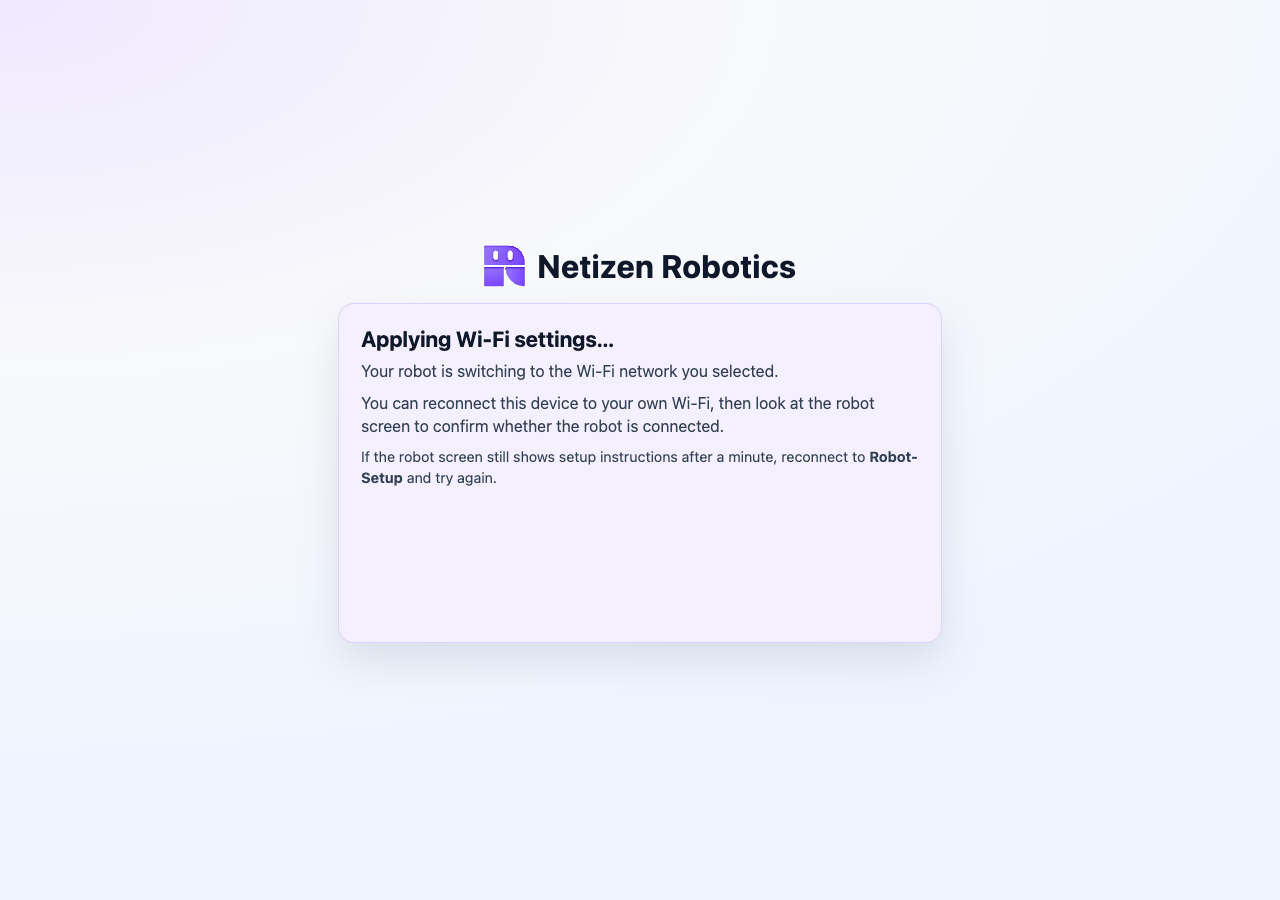 Robot setup page applying Wi-Fi settings after submitting credentials.