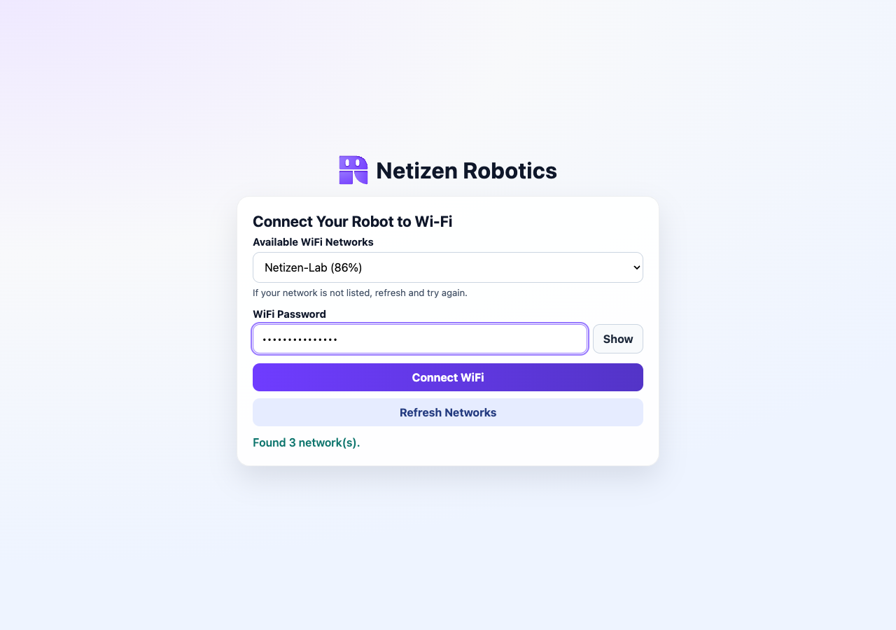 Robot setup page with a selected target Wi-Fi network and password field.